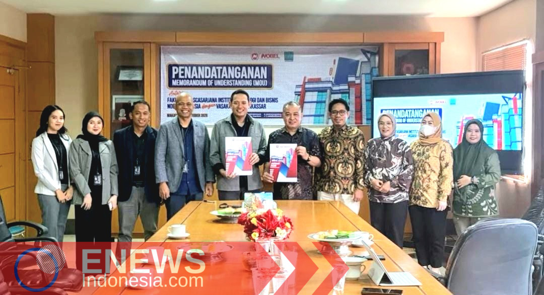 Sesi foto bersama setelah penandatanganan nota kesepahaman (MoU) di Kampus Nobel Indonesia dan manajemen Vasaka Hotel Makassar, Jumat (23/10/2026).