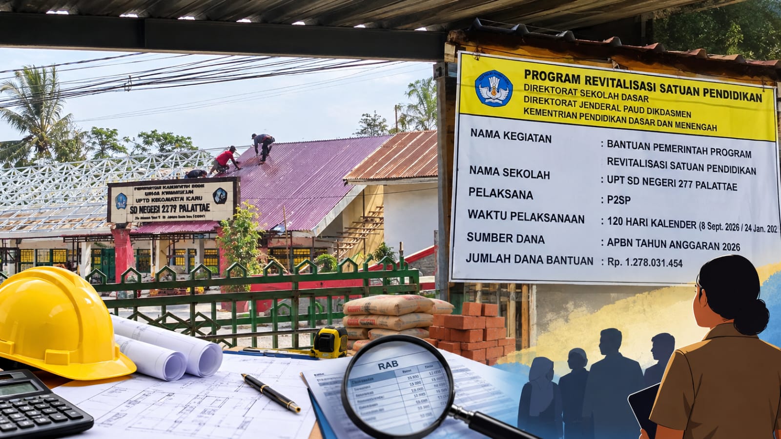 Ketgam: Dokumentasi pekerjaan revitalisasi UPT SD Negeri 277 Palattae, Kabupaten Bone, dengan anggaran APBN Rp1,27 miliar yang menjadi sorotan terkait transparansi dan pengelolaan material bangunan. (Dok. ENews Indonesia)