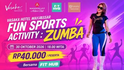 Ketgam: Vasaka Hotel Makassar berkolaborasi dengan FIT HUB menghadirkan Fun Sports Activity: Zumba pada 30 Oktober 2026 untuk mendorong gaya hidup sehat dan aktif di tengah masyarakat.