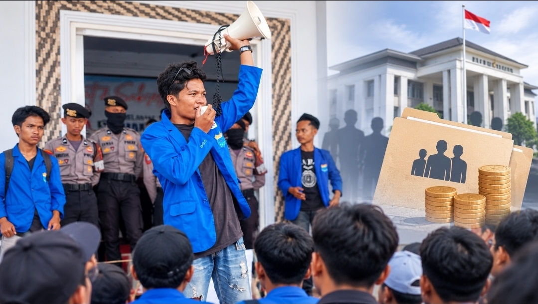 Ketgam: Korlap PMII Komisariat Unsulbar berorasi di depan Kantor DPRD Majene, mendesak kepastian pembayaran gaji PPPK penuh waktu dan paruh waktu. (Dok. Kamil)